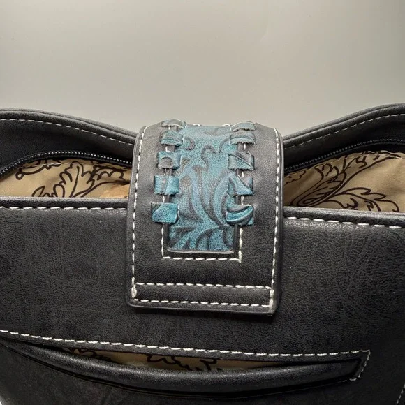 Western Embroidered Crossbody Bucket Bag Black Teal Floral Studded Concho Boho - Picture 5 of 14